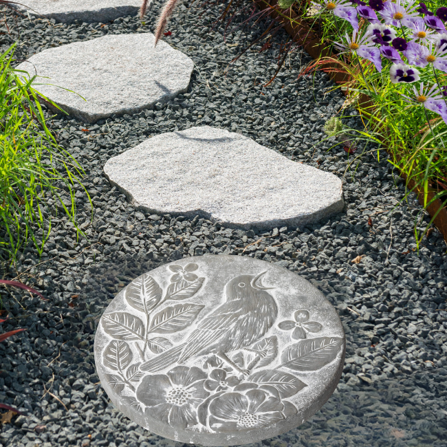 Songbird Stepping Stone in Garden Path - Cement Accent with Nature-Inspired Flower and Bird Design